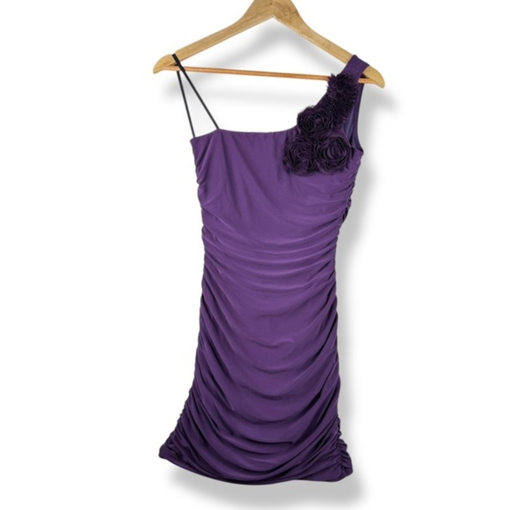 Y2K Deb Bodycon Mini Dress Juniors Size Small Clubwear Party Ruched Rosette - Picture 5 of 9